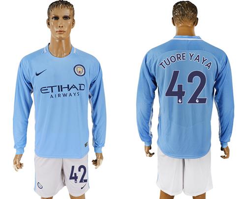 Manchester City #42 Toure Yaya Home Long Sleeves Soccer Club Jersey - Click Image to Close